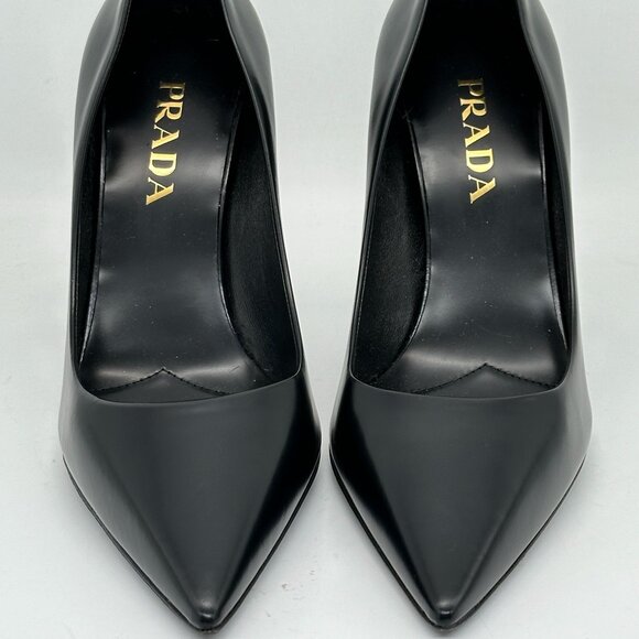 PRADA Triangle Show Leather Pointed Toe Pumps Heels Shoes Black - Picture 6 of 15